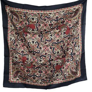Vintage Silk Scarf Square  Black Tan Paisley 31" Square Twill Hand Rolled
